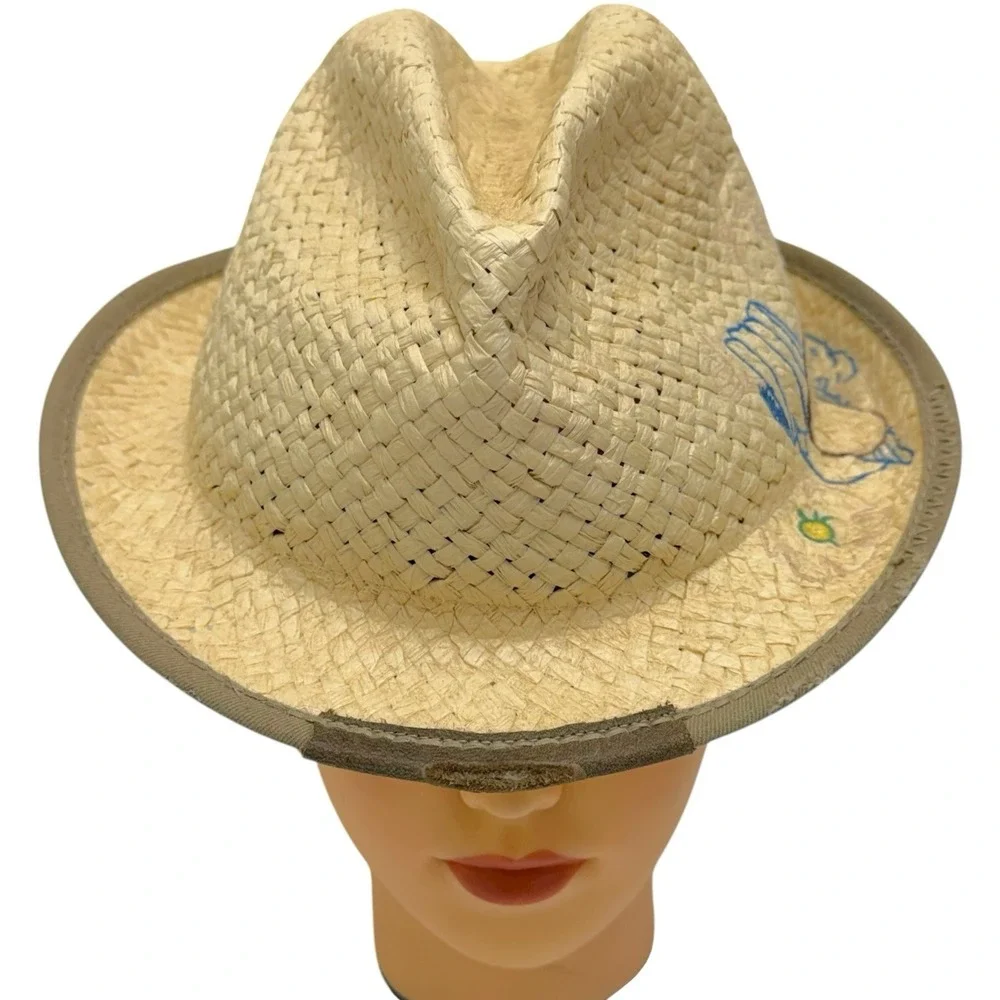 True Religion Sz L/XL 100% Paper Straw Embroidered World Tour Buddha Trilby‎ Hat